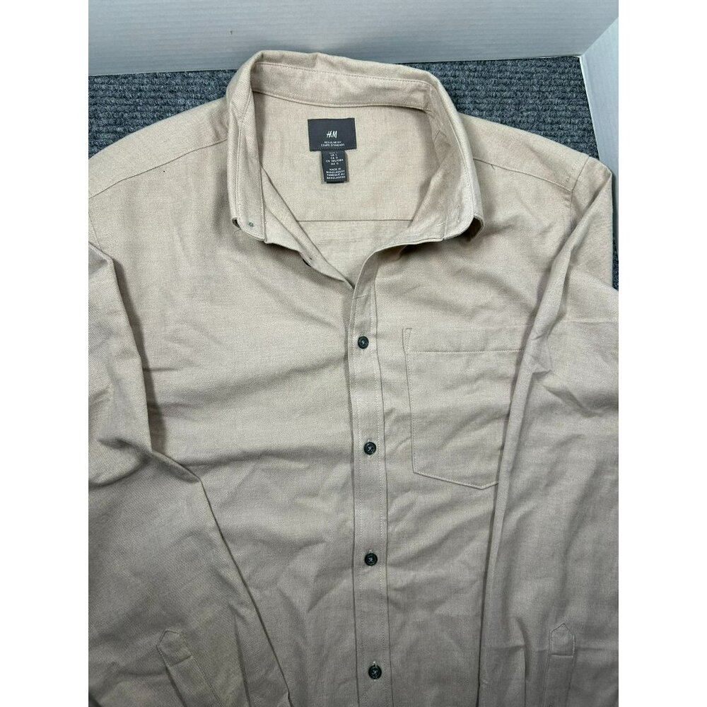 H&M Mens Regular Fit Beige Button-Up Shirt With Chest Pocket